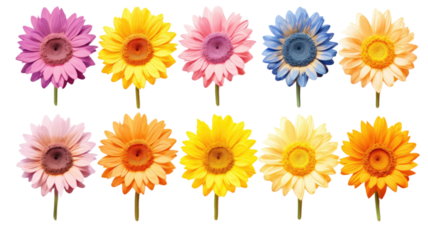 a collection of soft pastel sunflowers flowers isolated on a transparent background, generative ai