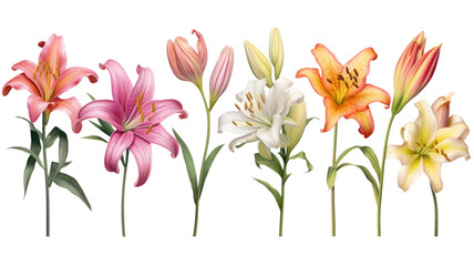 Naklejka premium a collection of soft pastel lilies flowers isolated on a transparent background, generative ai