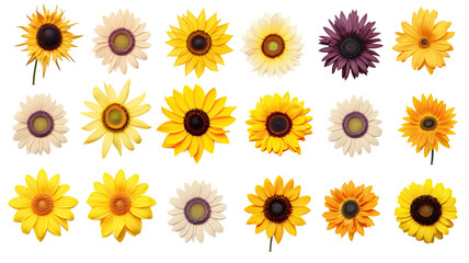 a collection of soft pastel sunflowers flowers isolated on a transparent background, generative ai