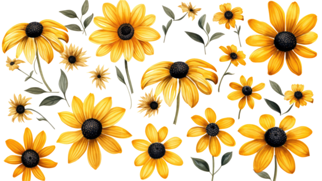 a collection of soft watercolor black-eyed susans flowers isolated on a transparent background, generative ai