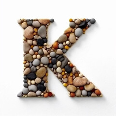 Letter K in the Roman alphabet made of stones on white background. Generative ai.