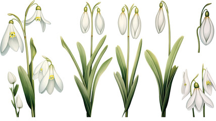 a collection of soft watercolor snowdrops flowers isolated on a transparent background, generative ai
