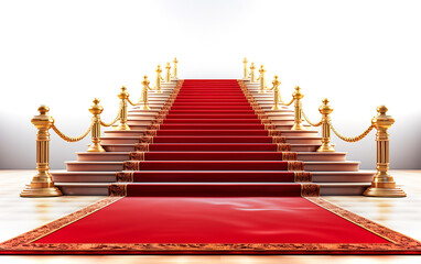 Stairs with red carpet and golden stanchions. Special entrance, ceremony, event, celebration, party, celebration, ceremony, award, podium, VIP, celebrity, elegant, goal achievement, success concept.