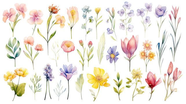 a collection of soft watercolor spring flowers isolated on a transparent background, generative ai