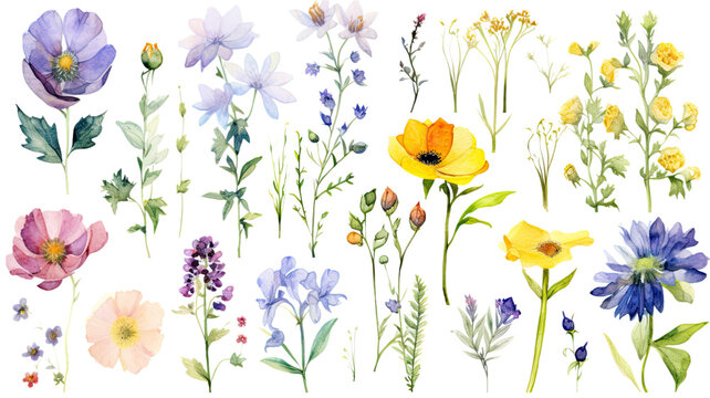 a collection of soft watercolor summer flowers isolated on a transparent background, generative ai