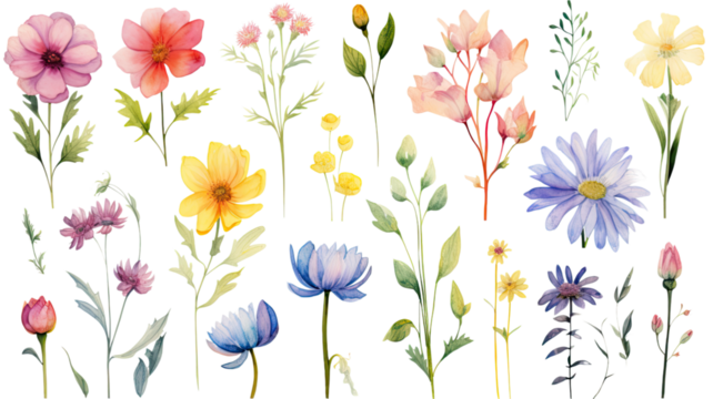 a collection of soft watercolor summer flowers isolated on a transparent background, generative ai