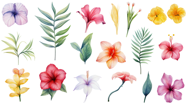 a collection of soft watercolor tropical beach flowers isolated on a transparent background, generative ai