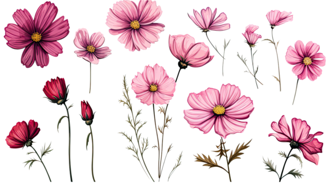 collection of hand drawn cosmos flowers isolated on a transparent background, generative ai