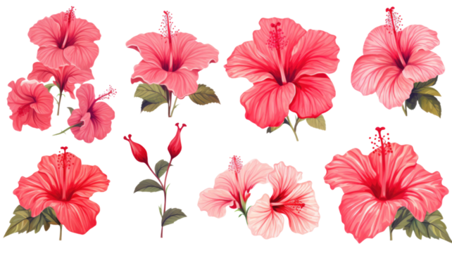 collection of hand drawn hibiscus flowers isolated on a transparent background, generative ai