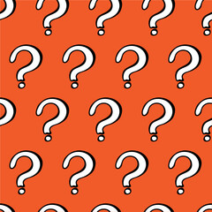 Question mark seamless pattern. Vintage white doodle question on red background