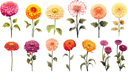 collection of hand drawn zinnias flowers isolated on a transparent background, generative ai