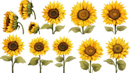 collection of hand drawn sunflowers flowers isolated on a transparent background, generative ai