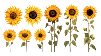 collection of hand drawn sunflowers flowers isolated on a transparent background, generative ai