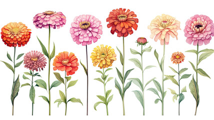 collection of hand drawn zinnias flowers isolated on a transparent background, generative ai