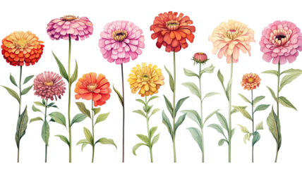 collection of hand drawn zinnias flowers isolated on a transparent background, generative ai
