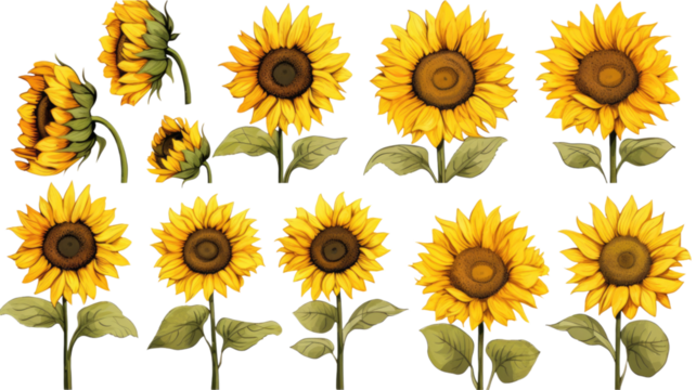 collection of hand drawn sunflowers flowers isolated on a transparent background, generative ai