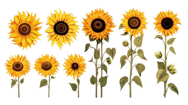 collection of hand drawn sunflowers flowers isolated on a transparent background, generative ai