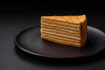Delicious fresh sweet honey cake layer cake with white cream