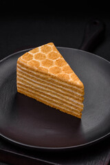 Delicious fresh sweet honey cake layer cake with white cream