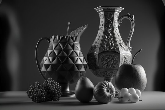 a black and white photo of vases and fruit on a table with a black background and a white background with a black and white photo of a vase and some fruit on the side.