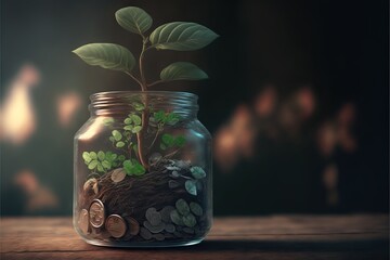 a glass jar filled with coins and a plant growing out of the top of the jar with a green plant growing out of the top of the top of the jar, and a coin.