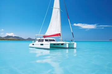 Naklejka premium White catamaran on azure water against blue sky, Caribbean Islands or Mediterranean Sea .generative ai.