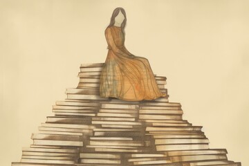 woman sitting on a pile of books