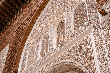 MARRAKECH, MOROCCO - APRIL 18, 2023 - Famous Madrassa Ben Youssef in the medina of Marrakech in...