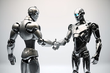 Fototapeta premium Two robots of different generations have met and are shaking hands with each other. Generative AI.
