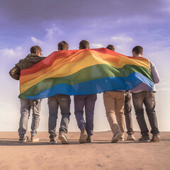 Group of young people with rainbow flag in the city. LGBT concept. (ai generated)