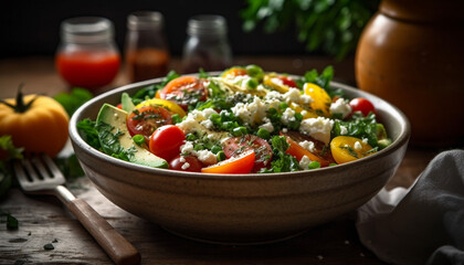 Fresh salad bowl with quinoa, vegetables, and herbs generated by AI