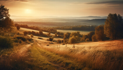Fototapeta premium Golden horizon, tranquil meadow, nature beauty grows generated by AI