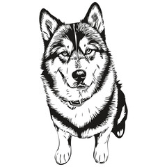 Malamute dog isolated drawing on white background, head pet line illustration