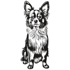 Papillon dog dog cartoon face ink portrait, black and white sketch drawing, tshirt print