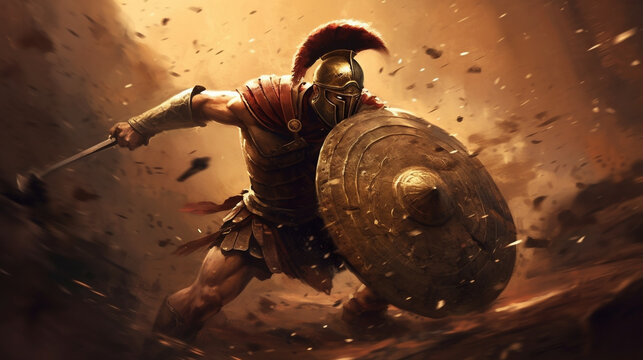 Gladiator is fighting with sword and shield made with AI generative technology