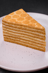 Delicious fresh sweet honey cake layer cake with white cream
