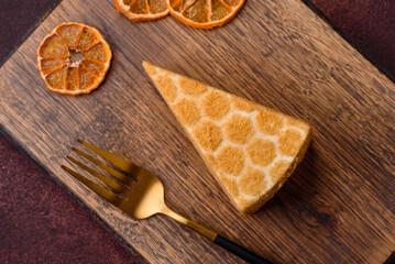 Delicious fresh sweet honey cake layer cake with white cream