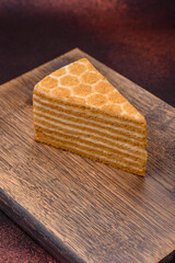 Delicious fresh sweet honey cake layer cake with white cream