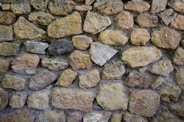 Old coarse panoramic stone wall made of various square natural stones in beige, ocher and brown