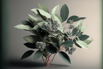 a bouquet of flowers with green leaves on a gray background with a shadow of the flowers on the right side of the frame and a light gray background with a shadow of the left corner.
