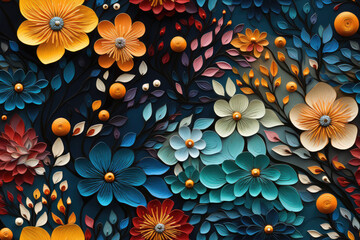 Fototapeta na wymiar Nahtlos wiederholendes Muster - Textur von bunten leuchtenden Blumen auf dunklen Hintergrund - Floral Struktur Malerei mit Öl Farbe