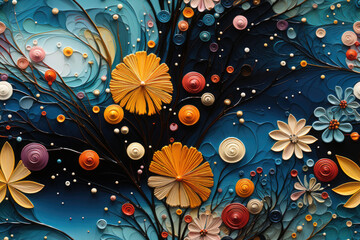 Nahtlos wiederholendes Muster - Textur von bunten leuchtenden Blumen auf dunklen Hintergrund - Floral Struktur Malerei mit Öl Farbe