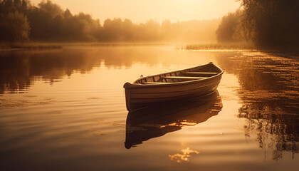 Rowboat glides on tranquil pond at sunset generated by AI