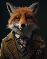 Obraz premium Studio portrait of a stylish anthropomorphic fox wearing a suit. Generative ai.