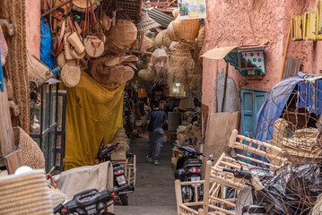 Impressions of typical Moroccan souks in the Marrakechs medina