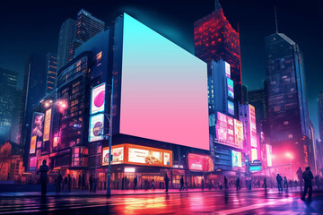 Big electric billboard on high skyscraper in neon color megapolis. Futuristic cyberpunk modern city illustration - obrazy, fototapety, plakaty