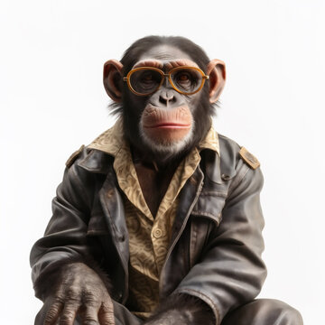 Fashionable Chimpanzee (Pan troglodytes) in Stylish Shirt & Leather Jacket, Sporting Trendy Sunglasses - Studio Portrait Capturing the Blend of Animal Individuality & Human-Like Fashion. Generative AI