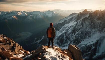 Standing on mountain peak, backpacker enjoys solitude generated by AI - obrazy, fototapety, plakaty