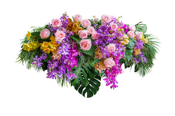 Pink rose and orchid flowers with tropical green leaves Monstera and palm frond bush, floral...