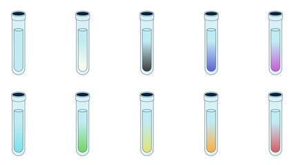 Test tubes filled with different colorful solutions (chemical reaction): white, black, blue, purple, green, orange, yellow, red, transparent